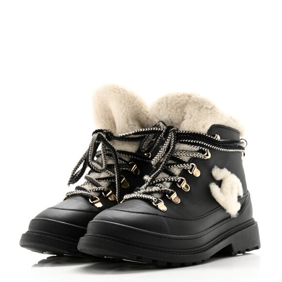 Chanel Calfskin Shearling CC Lace Up Boots 36.5 Black - Picture 3 of 11